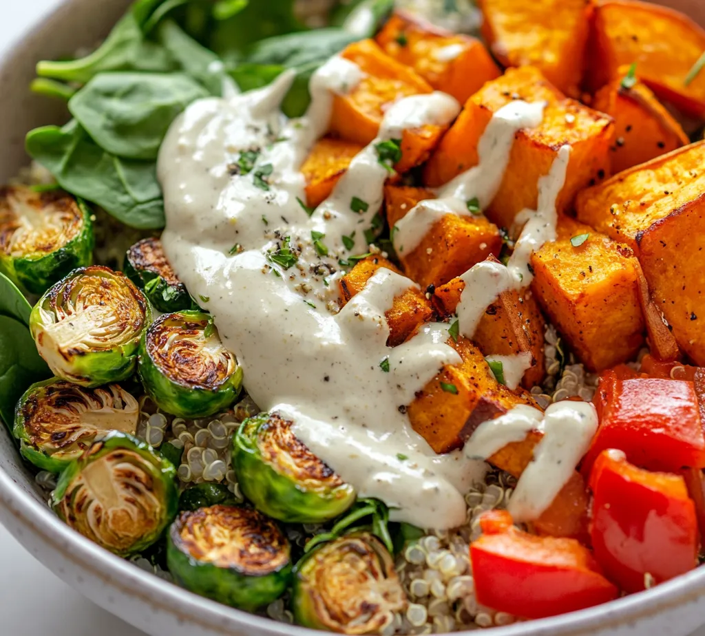 The Radiant Veggie Bowl with Creamy Tahini Yogurt Sauce is a vibrant and healthful dish that offers a delightful combination of roasted vegetables and creamy, tangy sauce. Bursting with color and flavor, this bowl is not just a feast for the eyes but also a nourishing meal packed with essential nutrients. Featuring a medley of sweet potatoes, Brussels sprouts, red bell peppers, and zucchini, this recipe not only brings together various textures but also a delightful array of tastes.