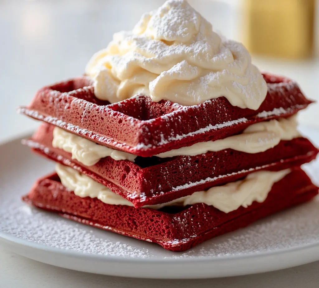 Red velvet waffles offer a truly unique twist on your traditional breakfast dish, merging the classic chocolate flavor of red velvet cake with the comforting, fluffy texture of a waffle. Their vibrant color and rich taste make them not only a feast for the palate but also a feast for the eyes. This delightful breakfast or brunch option is sure to impress your family and guests, and it’s particularly perfect for special occasions or a leisurely weekend morning.