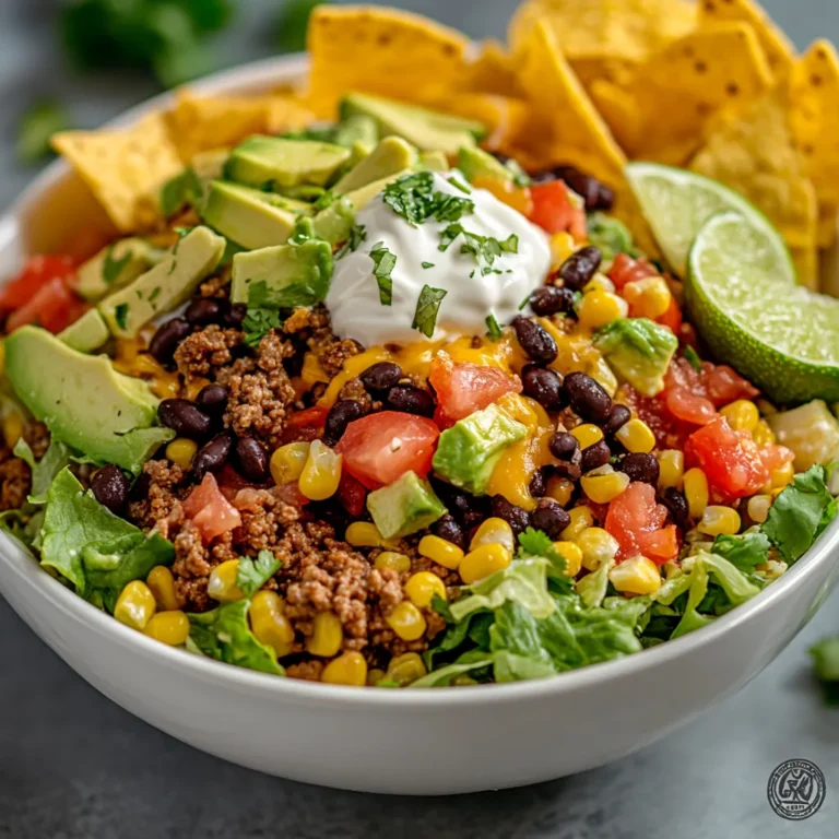 Fiesta Ground Beef Taco Salad Delight is a vibrant, flavorful dish that perfectly embodies the spirit of a casual gathering. Rich in color and texture, this taco salad offers a delightful mix of seasoned ground beef, fresh vegetables, creamy toppings, and crispy garnishes. It is an effortless dish that caters to different taste preferences, making it an excellent choice for family dinners, potlucks, or casual get-togethers with friends. The combination of ingredients creates a healthy meal bursting with flavor—a sure hit for taco lovers and salad enthusiasts alike.