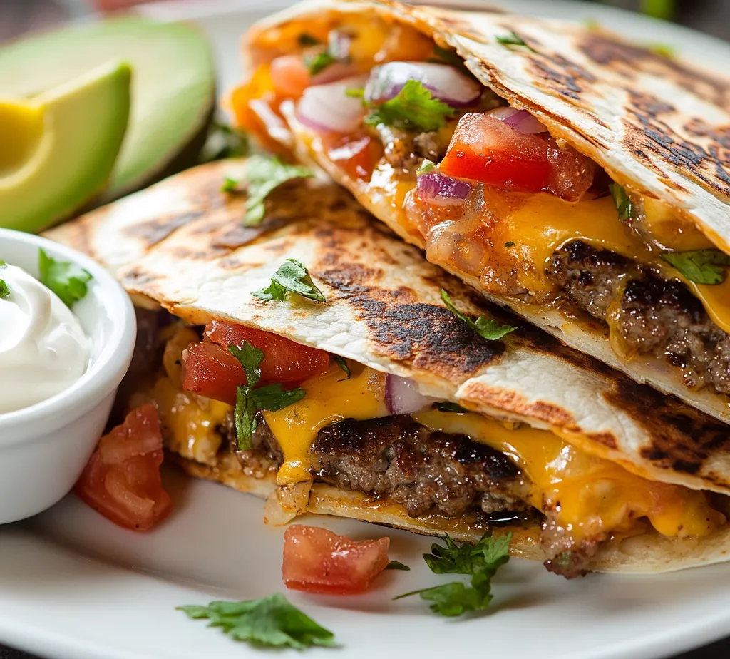 The Quesadilla Cheeseburger is an innovative dish that brings together the hearty, savory flavors of a cheeseburger with the delicious, crispy goodness of a quesadilla. This delightful fusion recipe is designed to satisfy even the most stubborn cravings, presenting a unique dining experience that is sure to excite your taste buds. With a perfect blend of seasoned ground beef, melted cheese, and fresh toppings all enclosed in a golden, crispy tortilla, it’s a creative meal option for casual gatherings with friends or cozy family dinners.