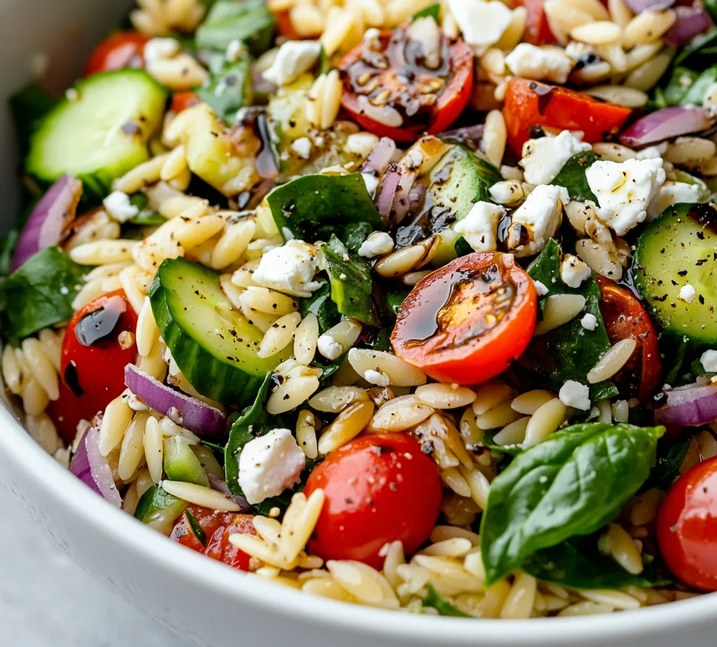 The Vibrant Balsamic Orzo Salad is a delightful dish that stands out for its fresh flavors and eye-catching colors. With the perfect mix of orzo pasta, crisp vegetables, and a zesty dressing, this salad brings a taste of summer to any table, making it an excellent choice for light meals and gatherings alike. The combination of spinach, cherry tomatoes, and cucumber creates a crisp, refreshing bite, while the feta cheese—if added—offers a creamy element that perfectly contrasts the tanginess of the balsamic dressing.