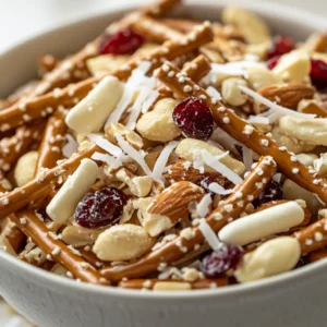 The White Chocolate Delight Snack Mix Recipe offers a delightful combination of flavors and textures, making it perfect for any occasion. This recipe is easy to make and combines the richness of white chocolate with the crunch of nuts and pretzels, and the sweetness of dried cranberries and candy pieces. Not specified in the recipe is the ideal time to serve this snack mix, but it can be assumed that it's suitable for a variety of occasions, whether it's a quick snack for a party, a movie night, or just a satisfying treat to curb your sweet and salty cravings. The taste of this snack mix is a perfect balance of sweet and salty, with the white chocolate and dried cranberries providing a sweet flavor, while the pretzels and nuts add a salty and crunchy texture.