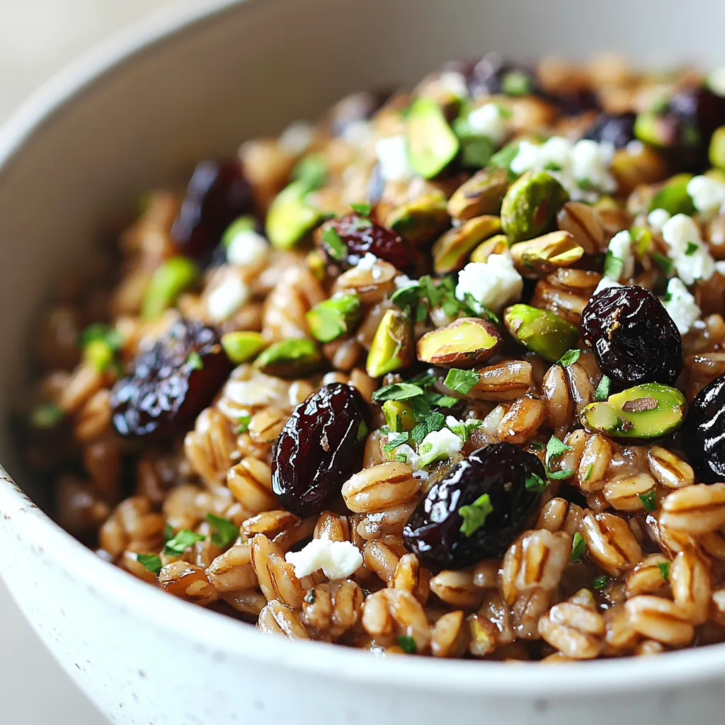 The Delicious Farro with Pistachios and Dried Cherries Recipe is a unique and flavorful dish that combines the nutty flavor of farro with the sweetness of dried cherries and the crunch of pistachios. This recipe is perfect for those looking for a delicious and satisfying side dish or light meal, with a great balance of flavors and textures. The nutty flavor of farro, the sweetness of dried cherries, and the crunch of pistachios make this dish a delightful experience for the taste buds. Not specified in the recipe is when to serve this dish, but it can be assumed that it's suitable for various occasions, whether it's a weeknight dinner or a special gathering.