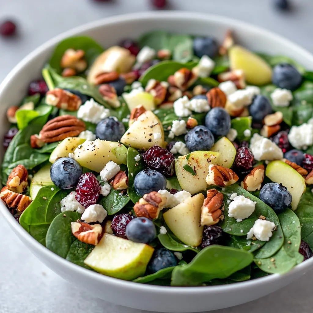 The Blueberry Apple Spinach Delight Recipe is a unique and refreshing salad that combines the sweetness of blueberries and apples with the earthiness of spinach. This recipe is perfect for those looking for a healthy and flavorful dish. It is ideal for serving as a light lunch or dinner, and its refreshing flavors make it suitable for warm weather. Not specified in the recipe are the specific occasions when this dish is best served, but its versatility and freshness suggest it could be appropriate for a variety of gatherings or everyday meals.