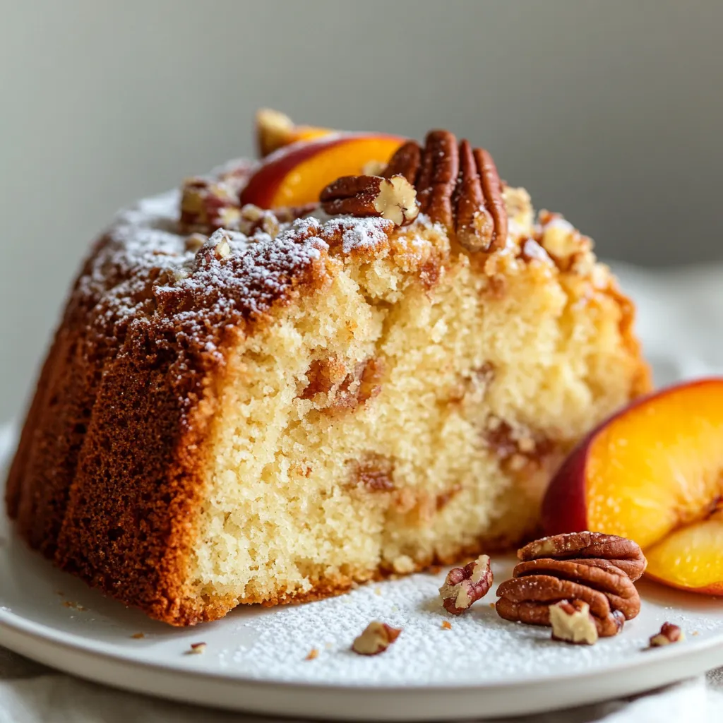 The peach pound cake delight recipe is a sweet and flavorful dessert perfect for any occasion. This moist and delicious cake combines the natural sweetness of peaches with the richness of pound cake, creating a truly delightful treat. The addition of fresh peaches and chopped pecans adds a lovely texture and flavor to the cake. Not specified in the recipe is when to serve this dessert, but given its sweetness and flavor profile, it would be perfect for any time of the day, whether as a breakfast treat, an afternoon snack, or a dessert after dinner.