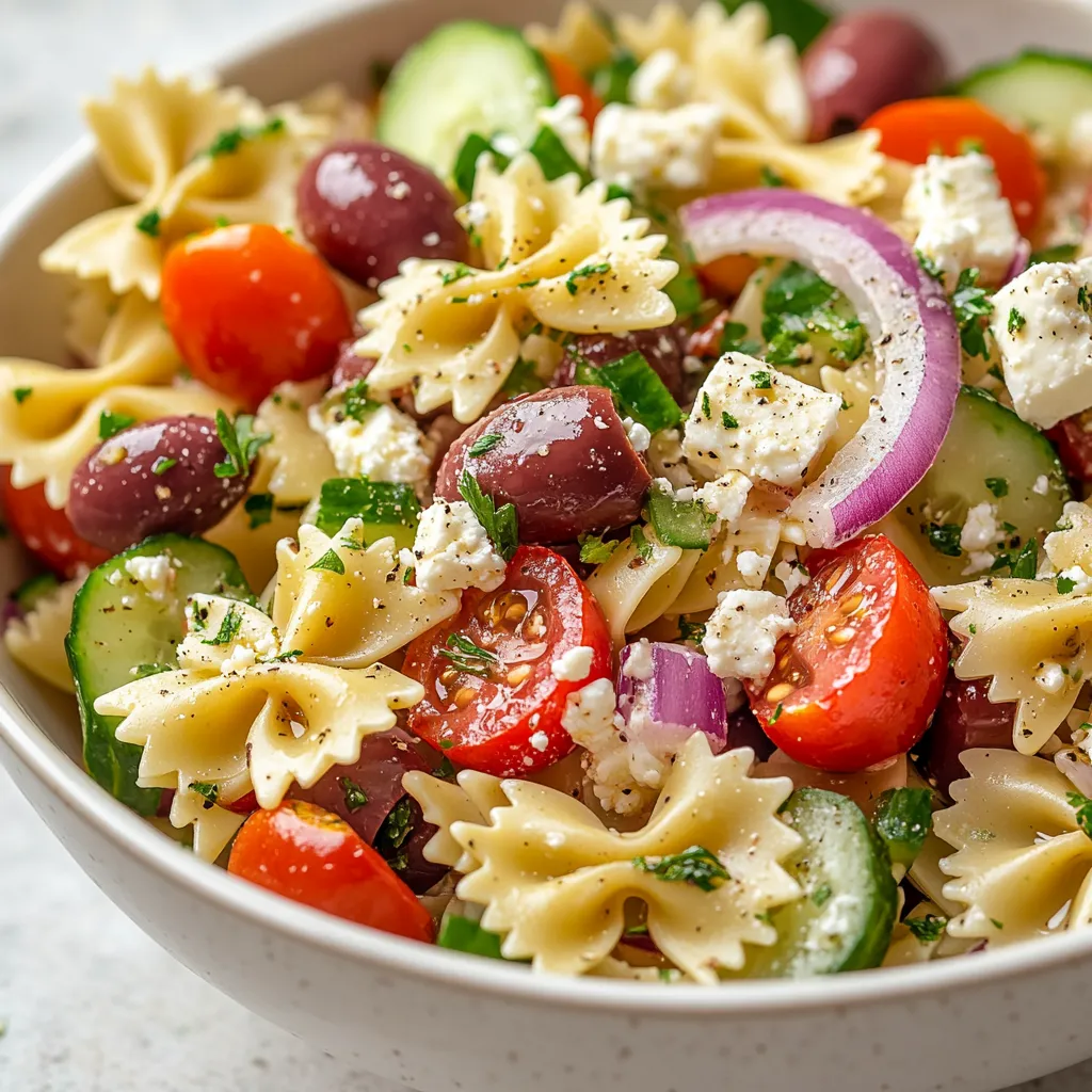 Greek-Style Pasta Salad is a dish that embodies the freshness and simplicity of Mediterranean cuisine, combining the comfort of pasta with the vibrant flavors of vegetables, cheese, and olives. The taste of this salad is a perfect balance of tangy, salty, and sweet, making it an ideal choice for a variety of occasions, whether it's a quick lunch, a dinner party, or a picnic. Not specified in the recipe is the specific time of year or holiday when this dish is most traditionally served, but its versatility makes it suitable for any time.
