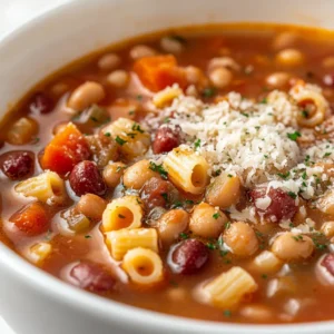 Pasta e Fagioli Soup is a classic Italian dish that combines the richness of pasta, the heartiness of beans, and the comfort of a warm, aromatic broth. Not specified in the recipe is when to specifically serve this dish, but it's generally suitable for a variety of occasions, including casual weekday dinners or special gatherings. The taste of Pasta e Fagioli Soup is a perfect balance of savory, slightly sweet, and tangy, making it a delightful experience for the palate.