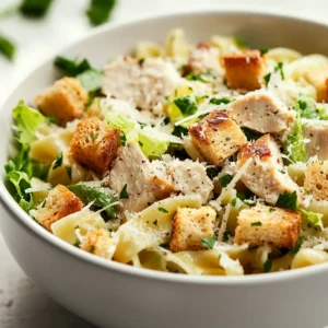 The Chicken Caesar Salad Pasta is a dish that combines the flavors of Italy with the freshness of a salad, creating a unique and delicious meal. This recipe is perfect for those who enjoy a variety of textures and tastes in one dish. The combination of pasta, chicken, and vegetables, all tied together with the rich flavor of Caesar dressing, makes for a satisfying meal that can be enjoyed at any time of day. When to serve this dish is not specified in the recipe, but it can be assumed that it is suitable for lunch or dinner.