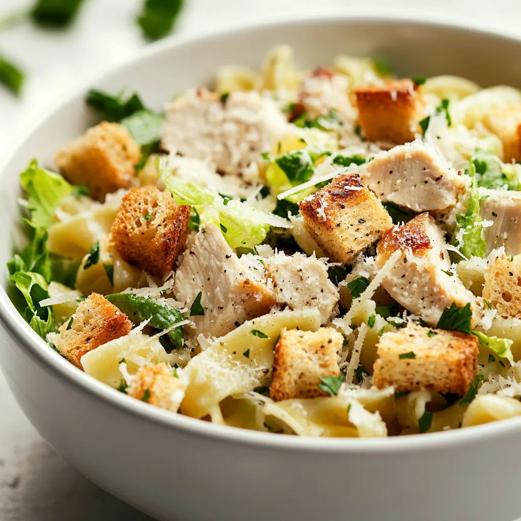 The Chicken Caesar Salad Pasta is a dish that combines the flavors of Italy with the freshness of a salad, creating a unique and delicious meal. This recipe is perfect for those who enjoy a variety of textures and tastes in one dish. The combination of pasta, chicken, and vegetables, all tied together with the rich flavor of Caesar dressing, makes for a satisfying meal that can be enjoyed at any time of day. When to serve this dish is not specified in the recipe, but it can be assumed that it is suitable for lunch or dinner.