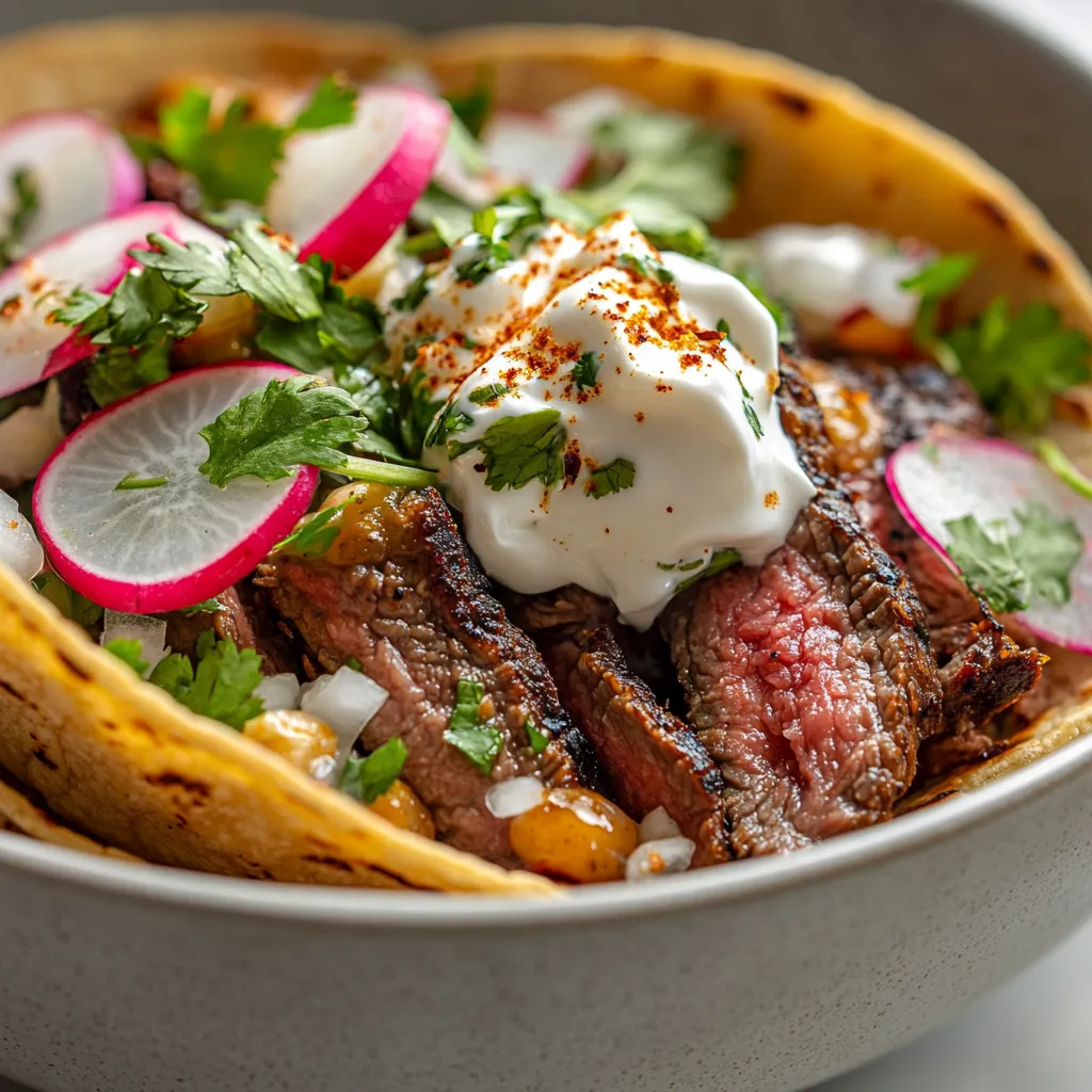 Carne Asada Street Tacos are a staple of Mexican cuisine, offering a flavorful and satisfying meal experience. These tacos are filled with tender, marinated steak, fresh toppings, and served in a warm, crispy corn tortilla. Not specified in the recipe is the ideal time to serve these tacos, but they can be enjoyed at any time of day, whether it's for a quick lunch or a vibrant dinner.