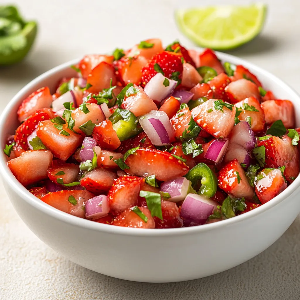 The Fresh Strawberry Salsa Delight Recipe combines the sweetness of fresh strawberries with the crunch of red onion, the heat of jalapeño, and the freshness of cilantro, all in one delicious salsa. This recipe is perfect for topping tortilla chips, tacos, or grilled meats. Not specified in the recipe are specific occasions or events for serving, but the unique flavor combination makes it ideal for spring and summer gatherings where a fresh and exciting twist on traditional salsa is desired.