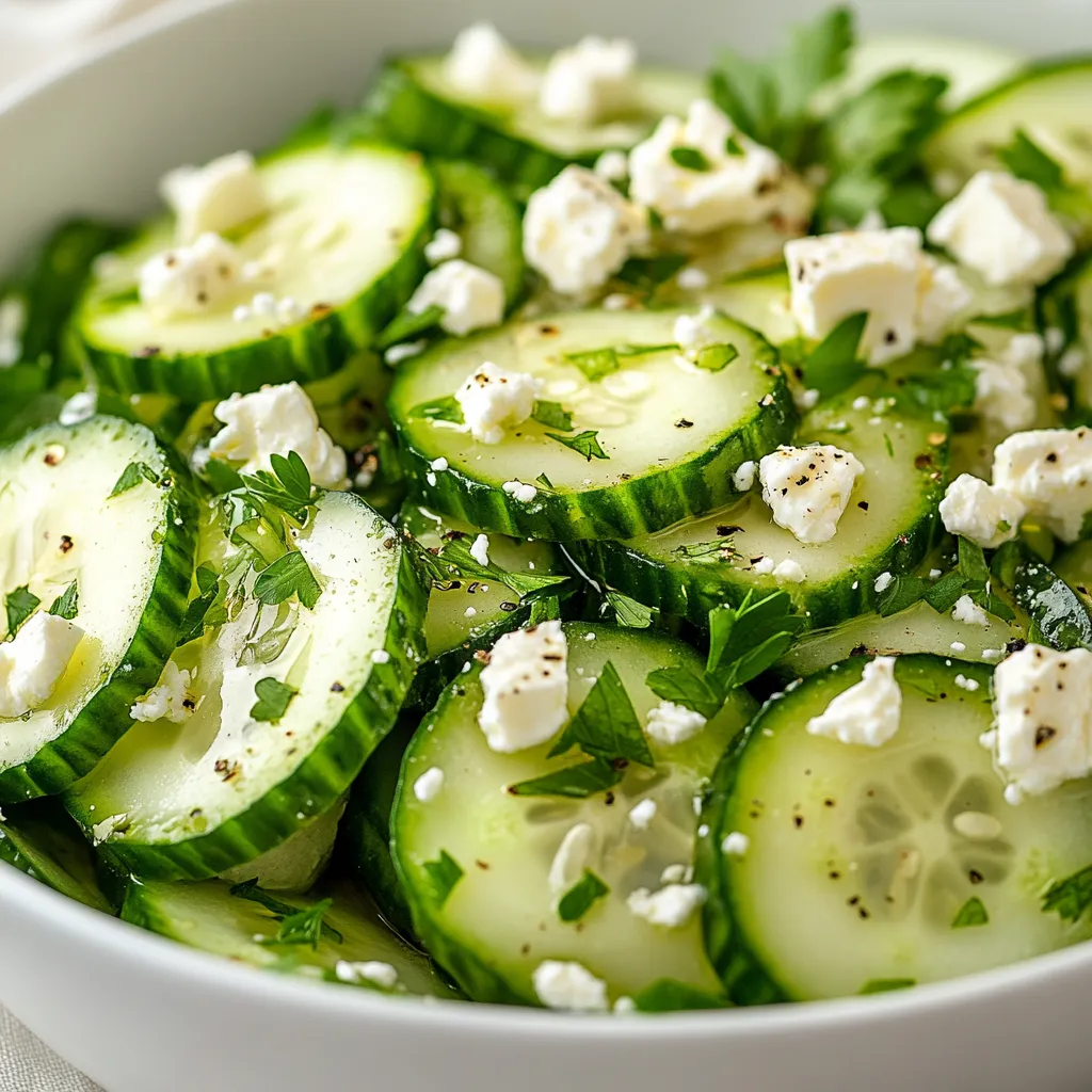 The Cucumber Feta Delight is a refreshing salad that combines the crunch of cucumbers, the tanginess of feta cheese, and the freshness of herbs, making it a perfect side dish or light lunch for any occasion. This salad is ideal for those looking for a simple yet delicious dish that can be prepared in no time. Not specified in the recipe is the specific occasion or time of year it is best suited for, but its light and refreshing nature makes it a great choice for warm weather or as a palate cleanser between rich courses.