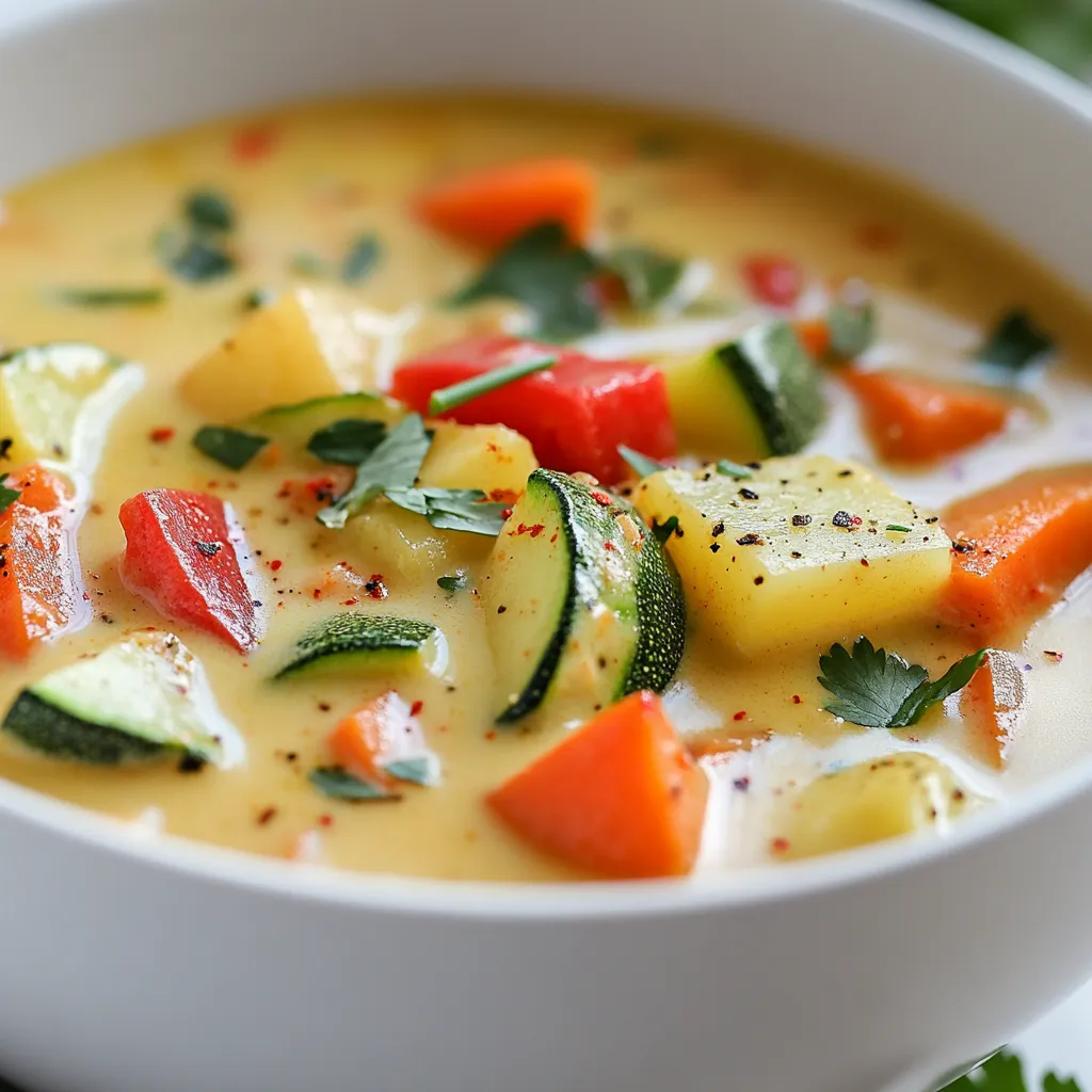 The Delicious Coconut Curry Vegetable Soup Recipe is a flavorful and nutritious option for those looking for a hearty and comforting meal. This recipe combines the richness of coconut milk with the warmth of curry powder and the natural sweetness of a variety of vegetables. It is ideal for serving on a chilly evening or as a comforting lunch, though the specific occasions for serving are not specified in the recipe. The taste of the soup is a perfect balance of spicy, sweet, and savory, thanks to the blend of spices and the freshness of the ingredients.