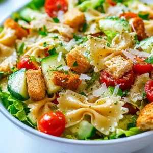 The Caesar Pasta Salad Delight Recipe is a unique fusion of classic flavors, combining the essence of a traditional Caesar salad with the satisfying heartiness of pasta. This dish is perfect for any occasion, offering a delicious and refreshing twist on familiar tastes. The combination of pasta, romaine lettuce, cherry tomatoes, and cucumber creates a salad that is both healthy and filling. Not specified in the recipe is when to serve this dish, but based on its composition, it could be an excellent choice for lunch, dinner, or even as a side dish for a gathering.