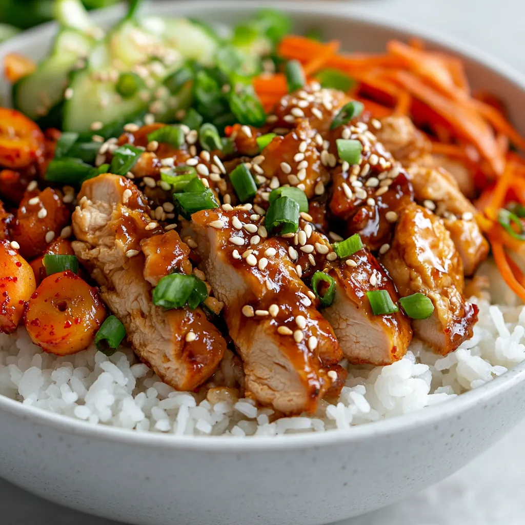 Korean cuisine is known for its bold flavors and spices, and one of the most iconic ingredients in Korean cooking is Gochujang sauce. This sweet and spicy fermented soybean paste is a staple in many Korean dishes, including the Korean Chicken Rice Bowl recipe. Not specified in the recipe is the specific occasion or time of day when this dish is best served, but its quick preparation and flavorful profile make it an excellent choice for a weeknight dinner or a weekend meal. The combination of chicken, rice, and mixed vegetables creates a well-rounded and satisfying meal that is both nourishing and delicious.