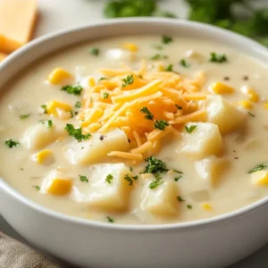 The Delicious Potato Corn Chowder Recipe is a hearty and comforting dish perfect for any occasion. It combines tender potatoes, sweet corn, and savory spices to create a culinary delight that is sure to please even the most discerning palates. This recipe is ideal for a cozy evening with family and friends, providing a sense of warmth and togetherness that is hard to find in today's fast-paced world. Not specified in the recipe is the exact time of year or occasion when this dish is best served, but it can be enjoyed at any time, making it a versatile option for various gatherings.