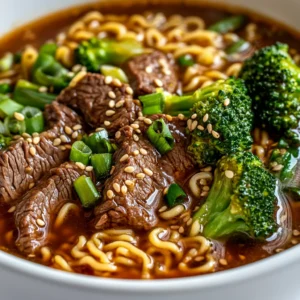 Ramen noodle soup is a popular and comforting dish that has gained worldwide recognition for its rich flavors and versatility. This specific recipe combines the goodness of beef, broccoli, and ramen noodles to create a hearty and satisfying meal. The combination of tender beef, crunchy broccoli, and flavorful ramen noodles makes for a delicious and filling meal that can be served at any time of the day. Not specified in the recipe are the specific occasions when this dish is best served, but it is likely suitable for a variety of events, from casual weeknight dinners to special gatherings.