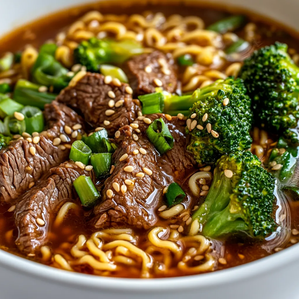 Ramen noodle soup is a popular and comforting dish that has gained worldwide recognition for its rich flavors and versatility. This specific recipe combines the goodness of beef, broccoli, and ramen noodles to create a hearty and satisfying meal. The combination of tender beef, crunchy broccoli, and flavorful ramen noodles makes for a delicious and filling meal that can be served at any time of the day. Not specified in the recipe are the specific occasions when this dish is best served, but it is likely suitable for a variety of events, from casual weeknight dinners to special gatherings.
